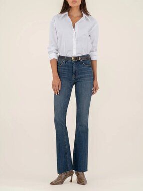 Kut from the Kloth Stella Fab Ab Flare Jeans 6 High Rise Dark Wash Raw Hems